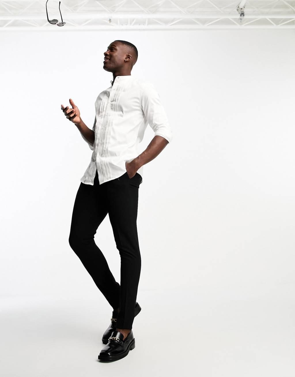 ASOS DESIGN slim sateen shirt with pleat front detail & grandad collar in white Product Image