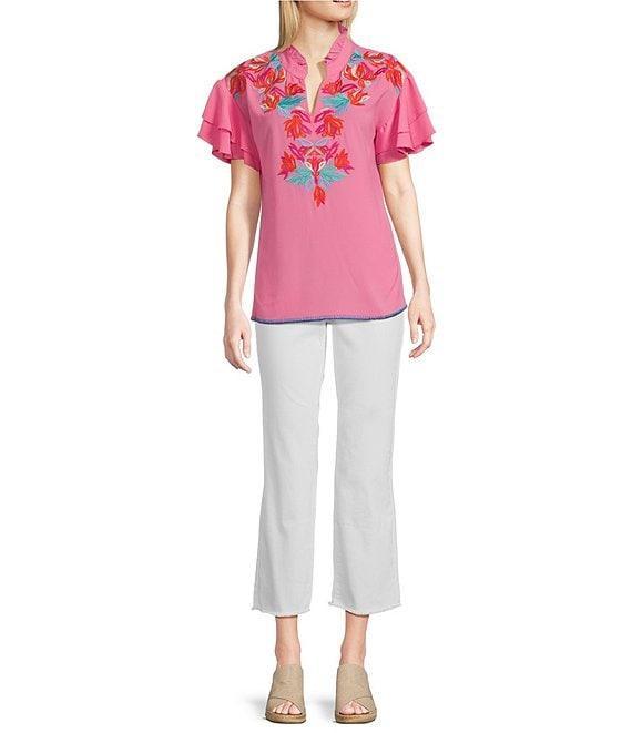 Calessa Embroidered Ruffled V-Neck Cap Sleeve Shirttail Hem Top Product Image