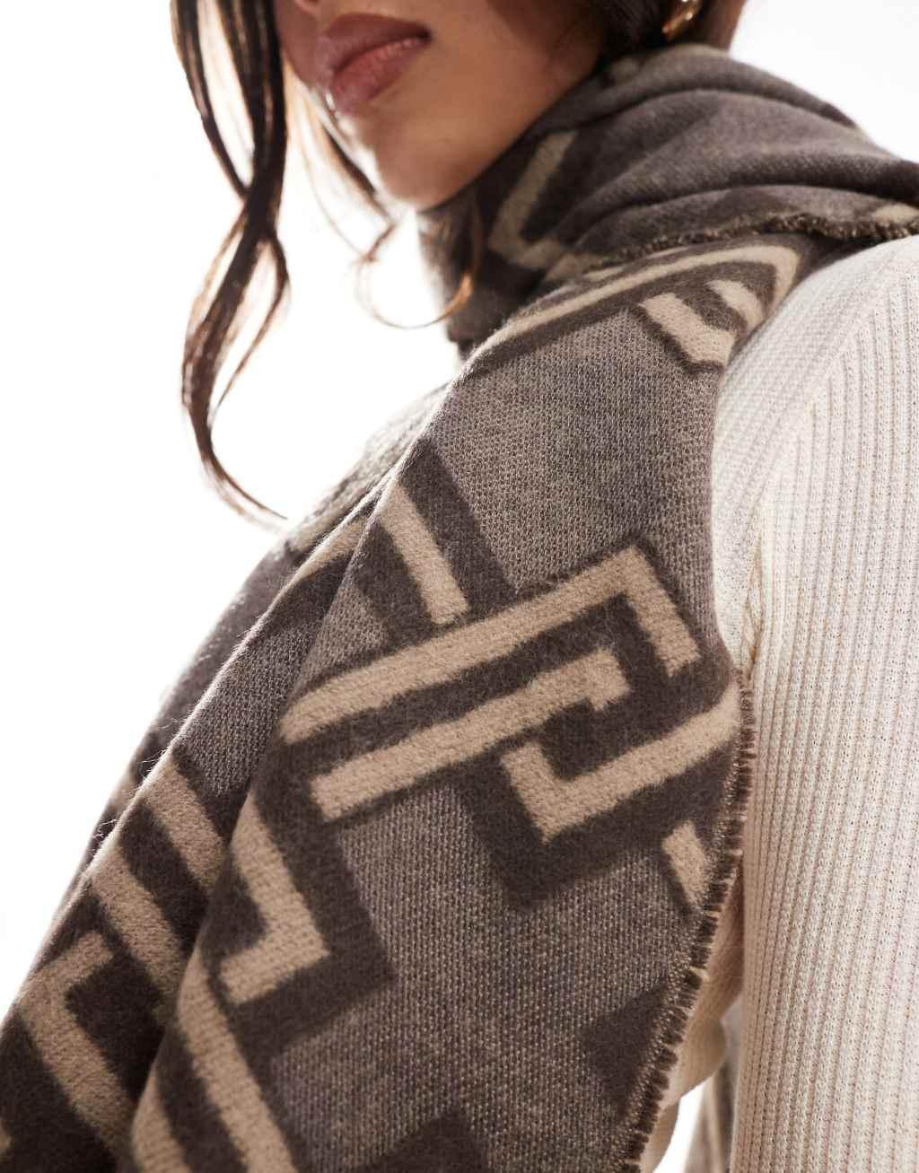 ASOS DESIGN scarf with monogram jacquard in neutral tones Product Image