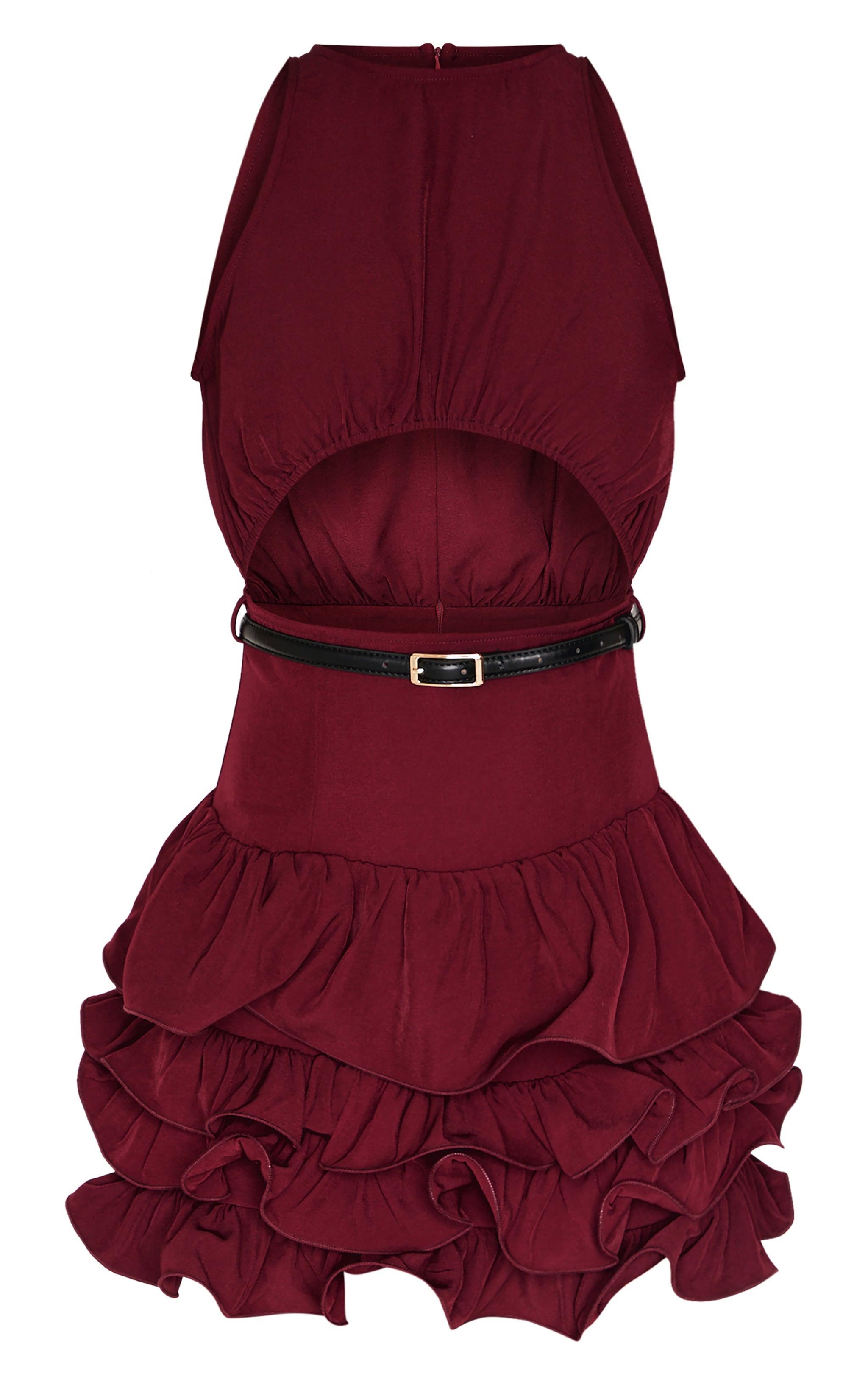 Wine Cut Out Belted Frill Hem Shift Dress Product Image