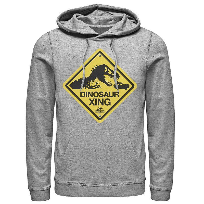 Men's Jurassic Park Dinosaur Crossing Yellow Sign Pullover Hoodie, Size: 3XL, Blue Product Image