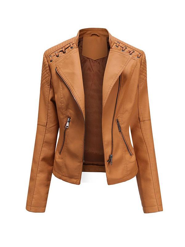 Long Sleeves Split-Joint Zipper Mock Neck PU Jackets Outerwear Product Image