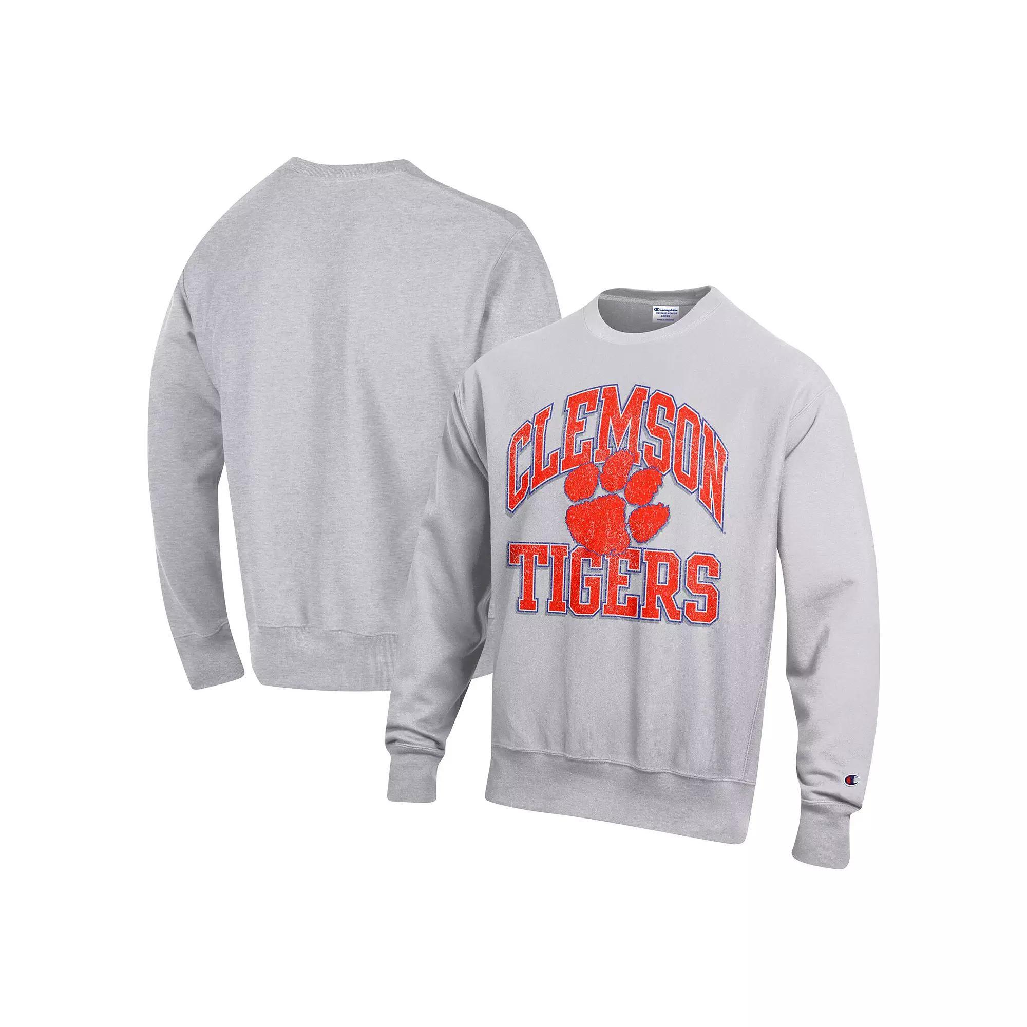 Men's Champion Heather Gray Clemson Tigers Vault Late Night Reverse Weave Pullover Sweatshirt, Size: Medium, Grey Product Image