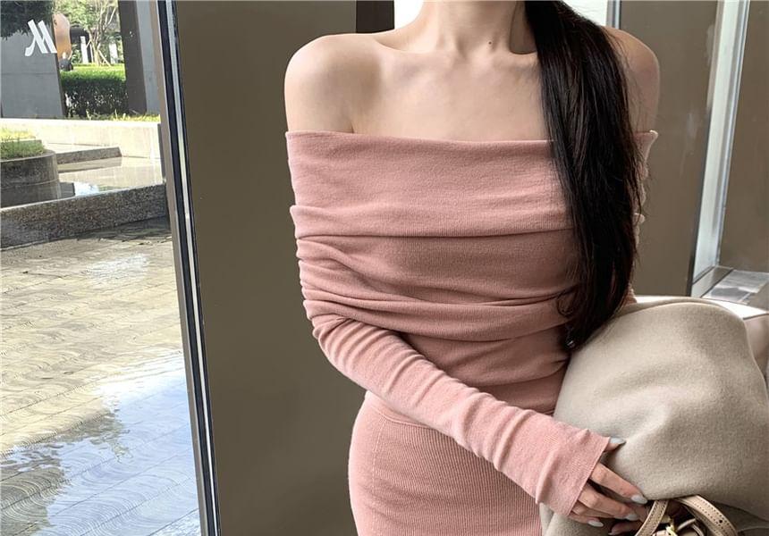 Long Sleeve Off Shoulder Plain Knit Midi Sheath Dress Product Image