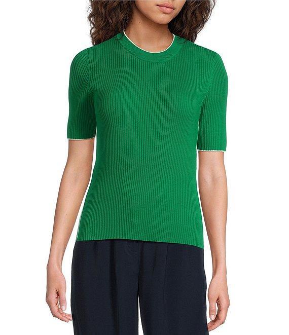 French Connection Mozza Round Neck Short Sleeve Ribbed Sweater Top Product Image