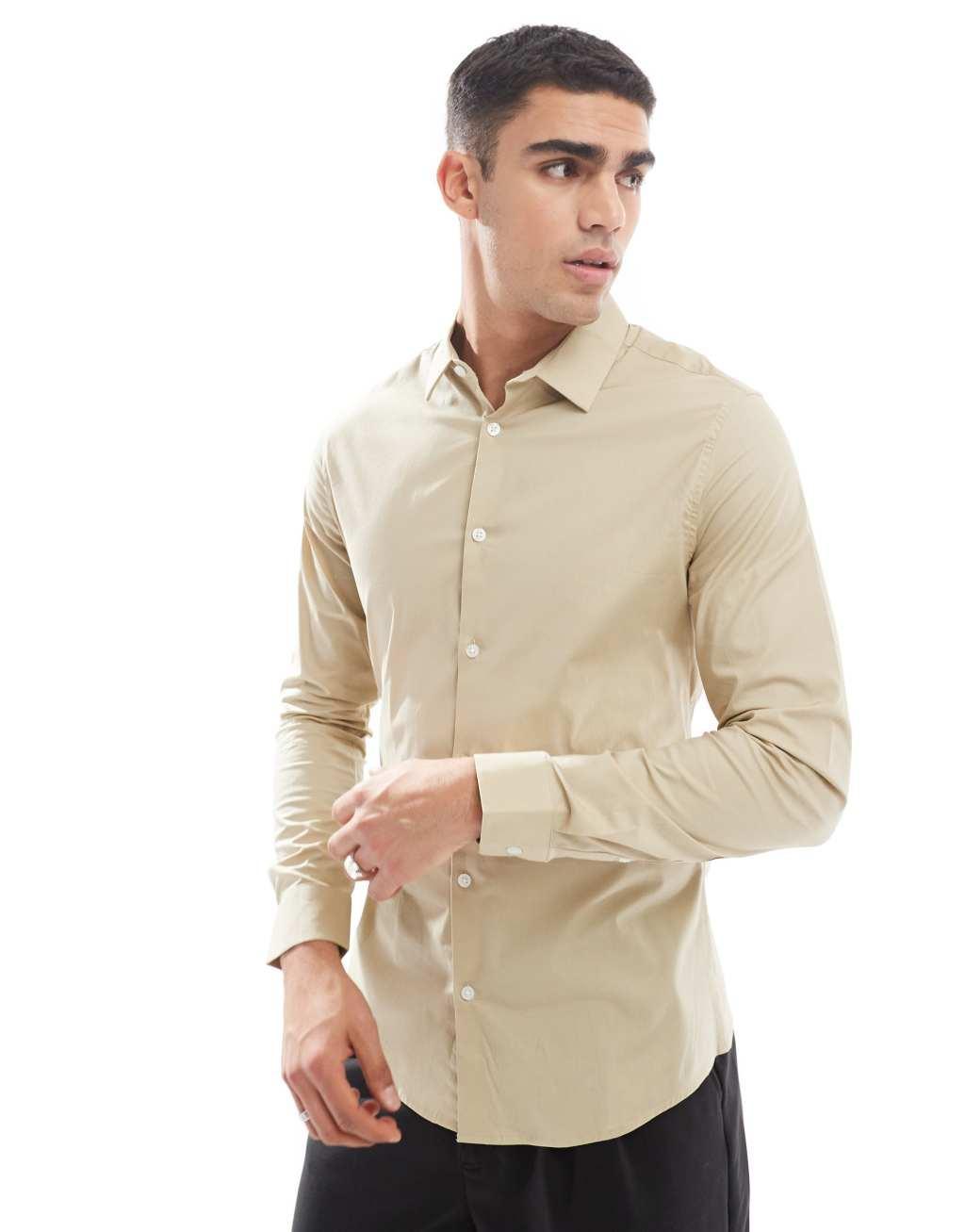 ASOS DESIGN skinny poplin shirt in stone Product Image