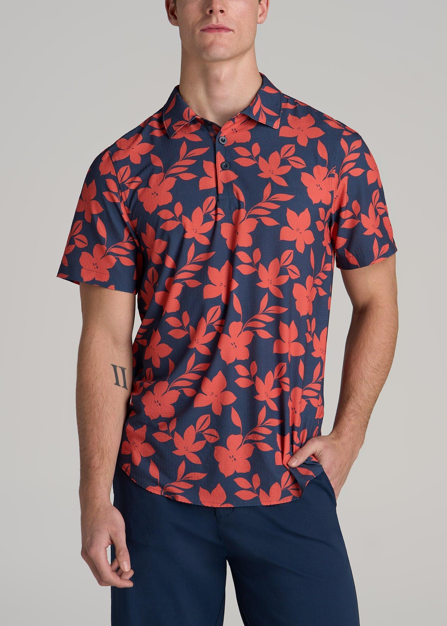 Coastal Perforated Tall Men's Polo Shirt in Storm and Orange Hibiscus Product Image