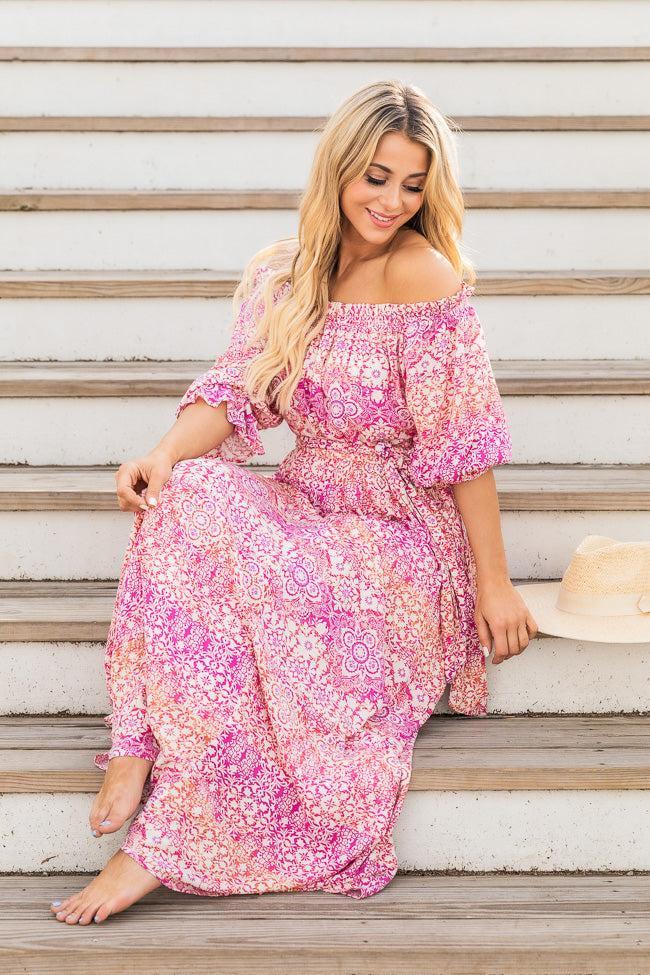 Dynamic Love Pink Printed Off The Shoulder Maxi Dress FINAL SALE Product Image