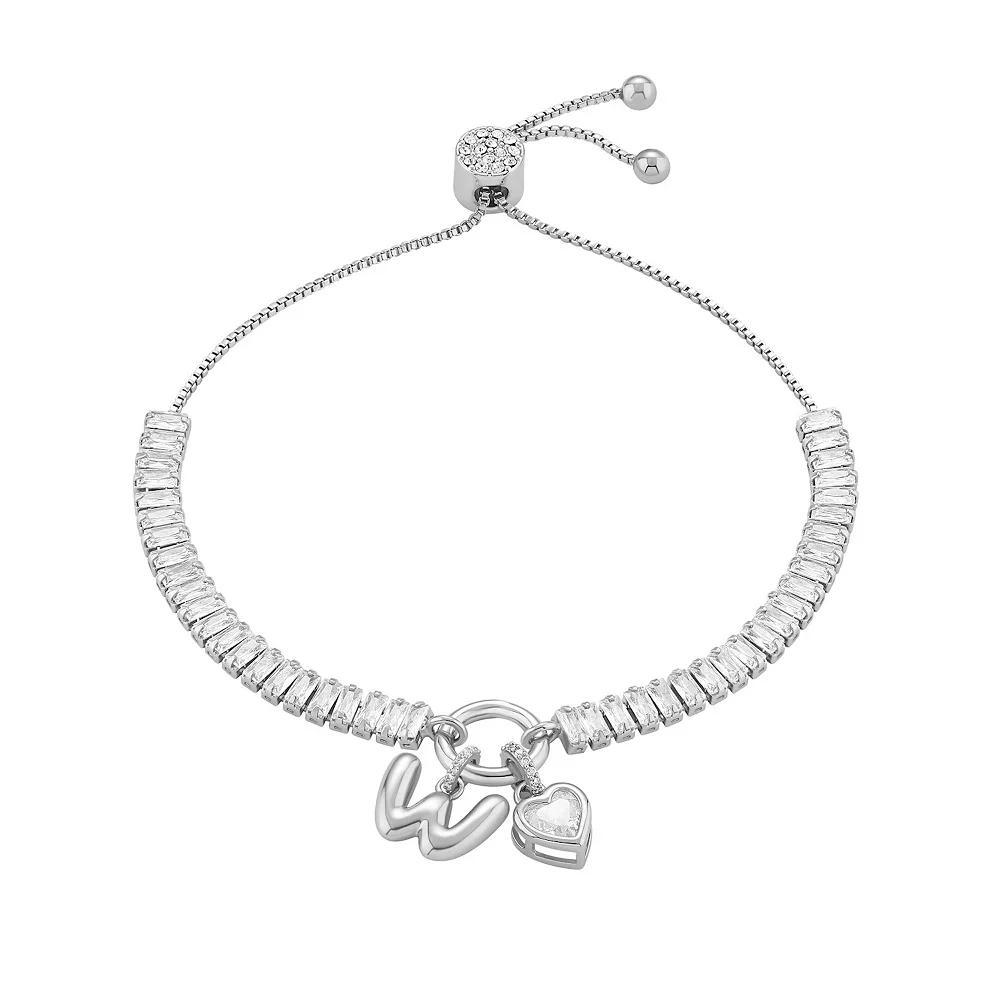 Brilliance Cubic Zirconia Heart & Polished Bubble Initial Charm Adjustable Bracelet, Women's, Size: 4-10" ADJ, Silver Tone W Product Image