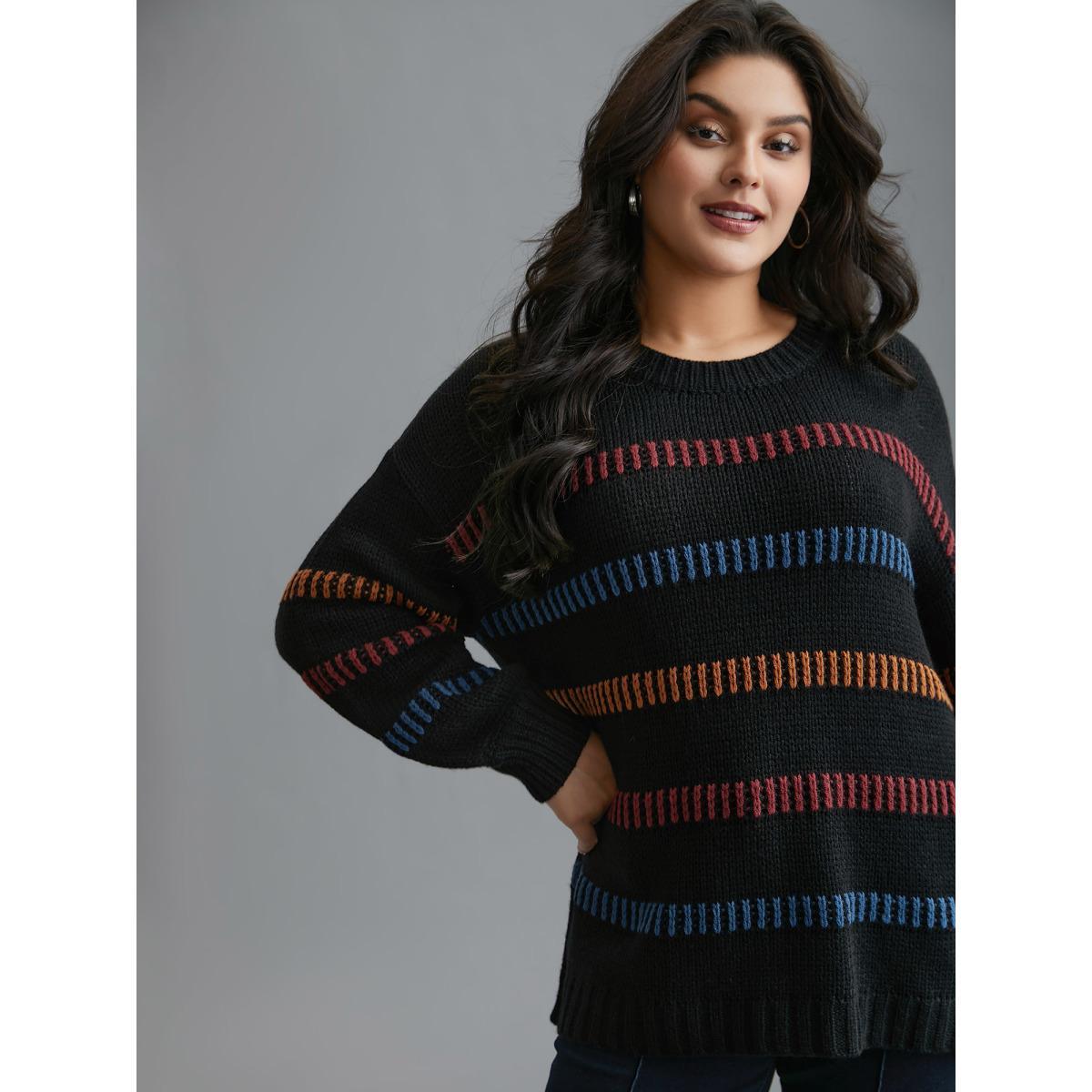 Plus Size Multi-Color Stripes Textured Crew Neck Pullover Black Women Casual Loose Long Sleeve Round Neck Everyday Pullovers BloomChic 28/5X Product Image
