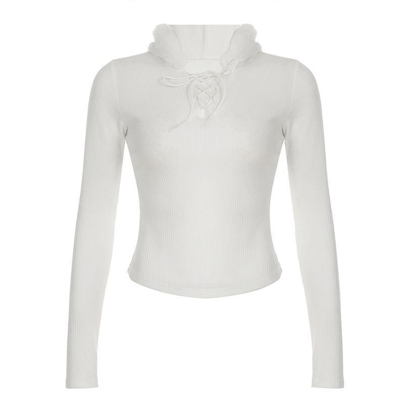 Long-Sleeve Furry Trim Plain Knit Top Product Image