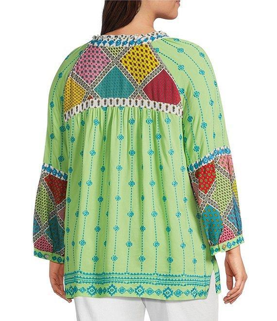 John Mark Plus Size Embroidered Mix Print Split V-Neck Long Raglan Sleeve Tunic Product Image