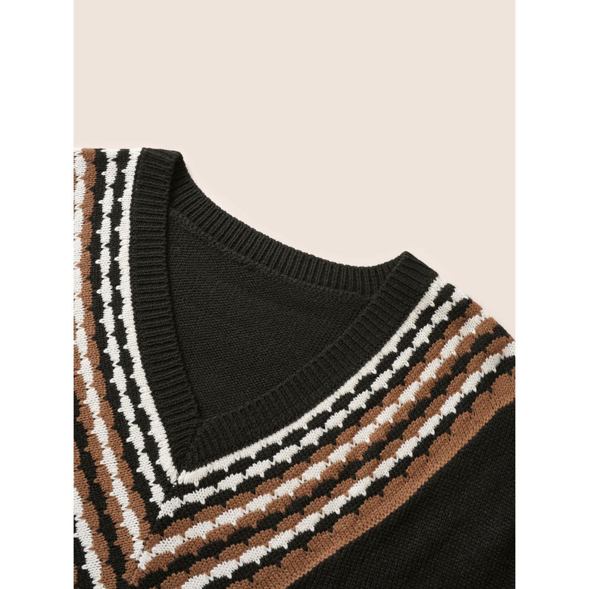 Plus Size V Contrast Striped Patchwork Knit Pullover Black Women Casual Loose Long Sleeve V-neck Dailywear Pullovers BloomChic 14-16/1X Product Image