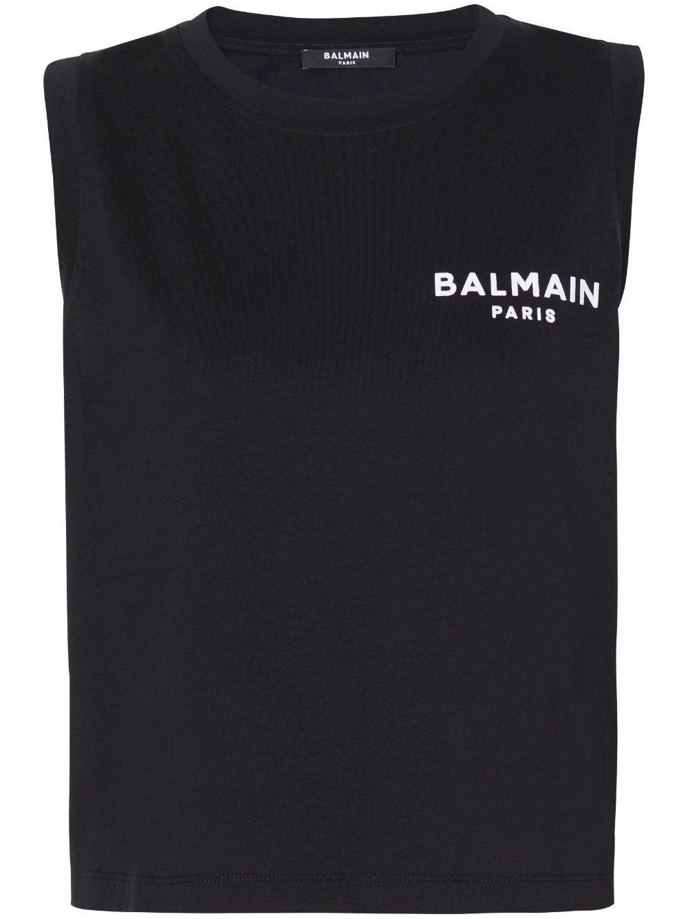 BALMAIN Logo-flocked Cotton Top In Nero Product Image