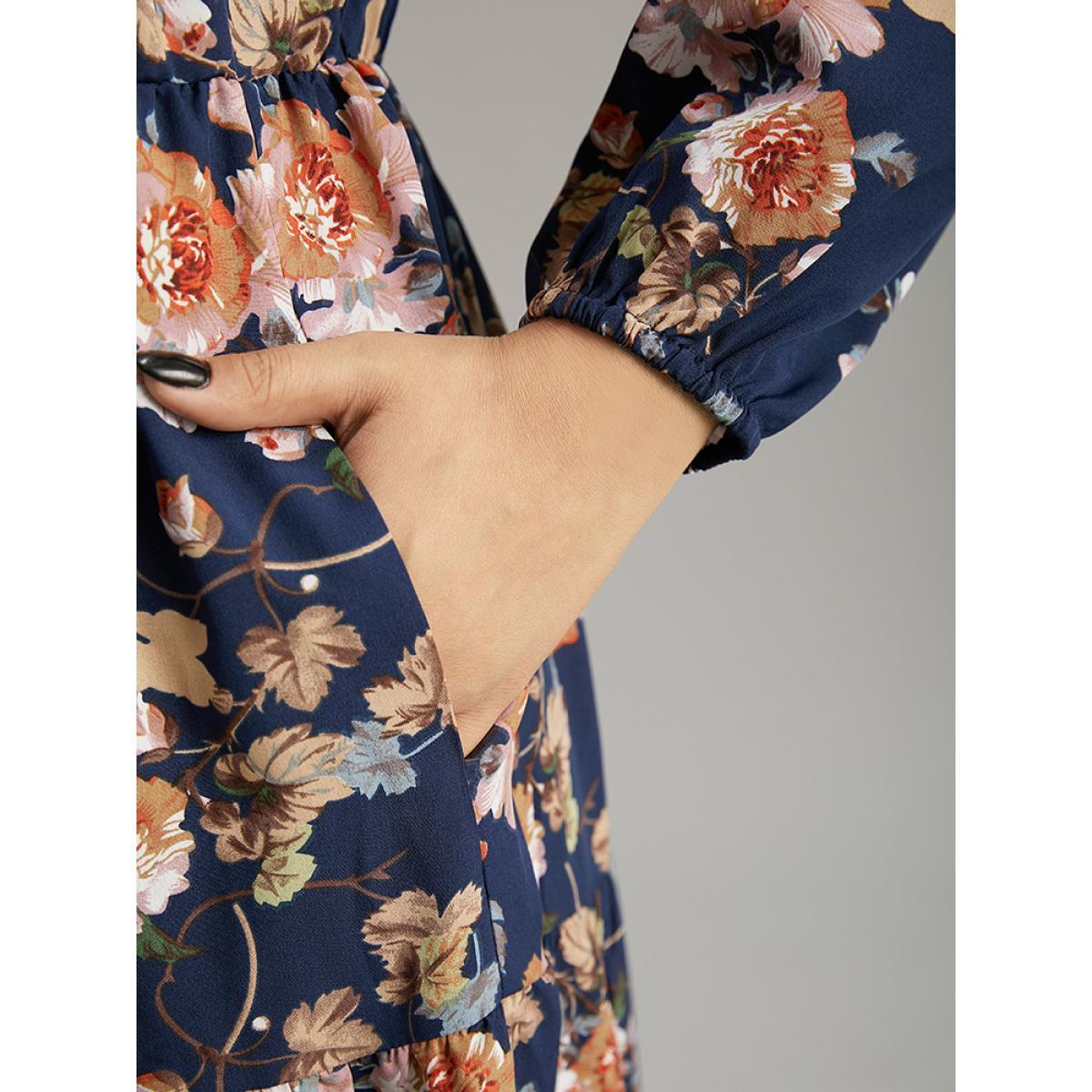 Plus Size Floral Print Pocket Elastic Waist V Neck Dress DarkBlue Women Elegant Elastic cuffs V-neck Long Sleeve Curvy Midi Dress BloomChic 12/L Product Image