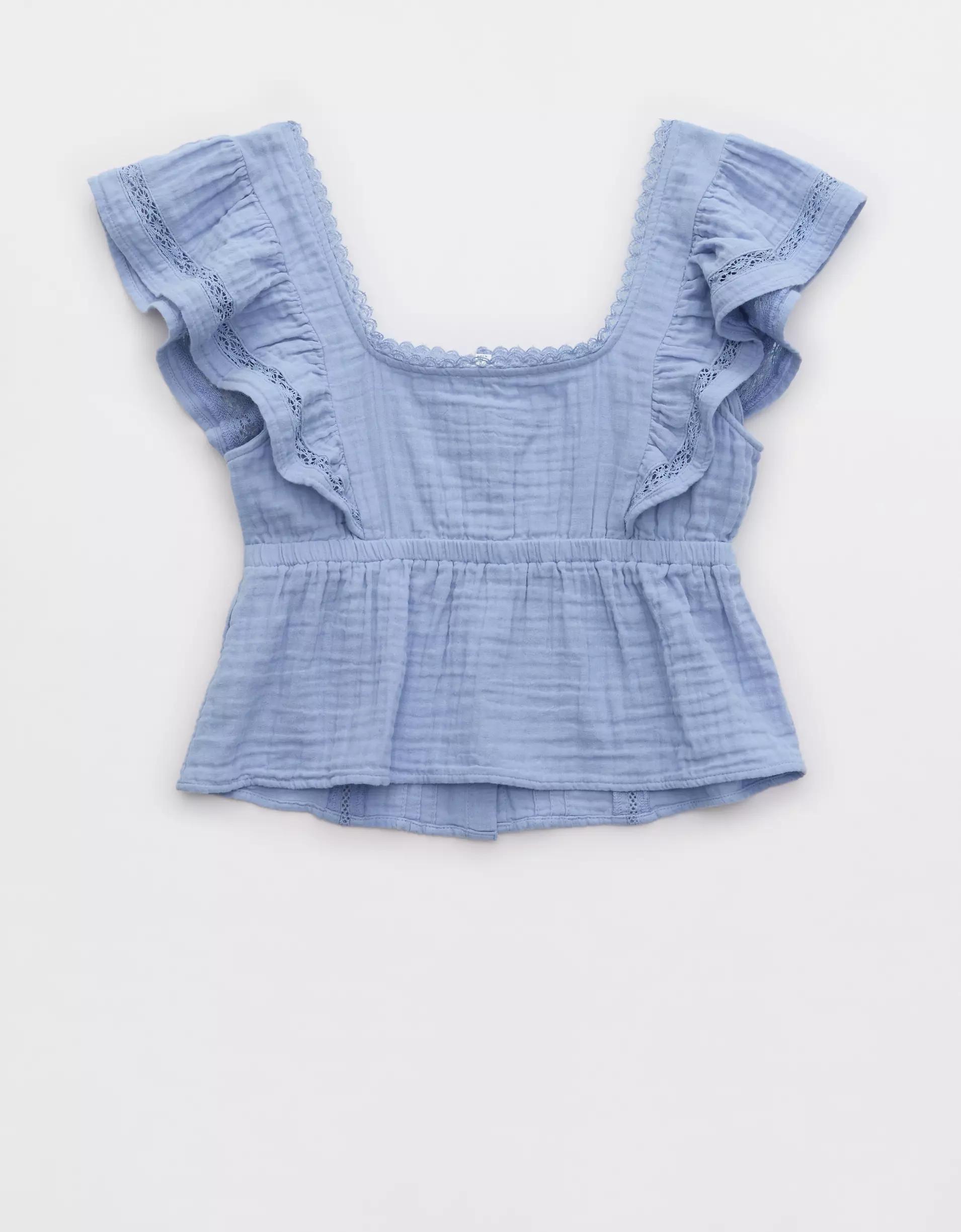 Aerie Button Front Ruffle Sleeve Top Product Image