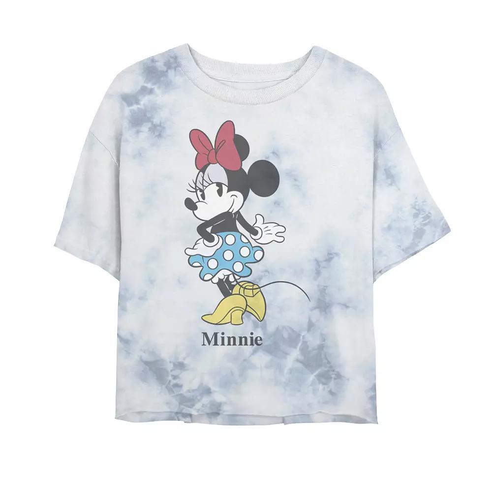 Juniors' Disney Mickey And Friends Minnie Classic Text Portrait Bombard Wash Crop Graphic Tee, Women's, Size: XL, White Blue Product Image