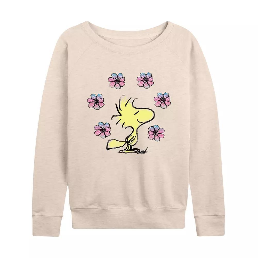 Women's Peanuts Woodstock Floral French Terry Long Sleeve Tee, Girl's, Size: Large, Beige Product Image