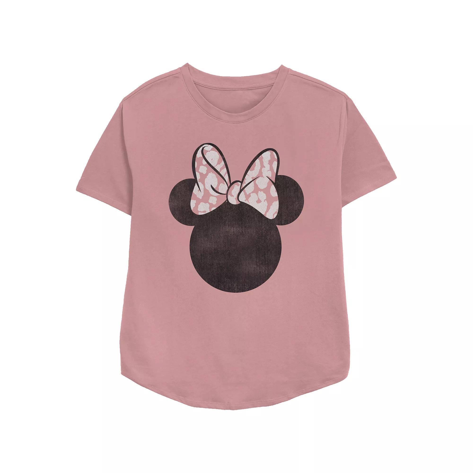 Disney's Minnie Mouse Pink Leopard Print Bow Women's Relaxed Fit Graphic Tee,  Product Image