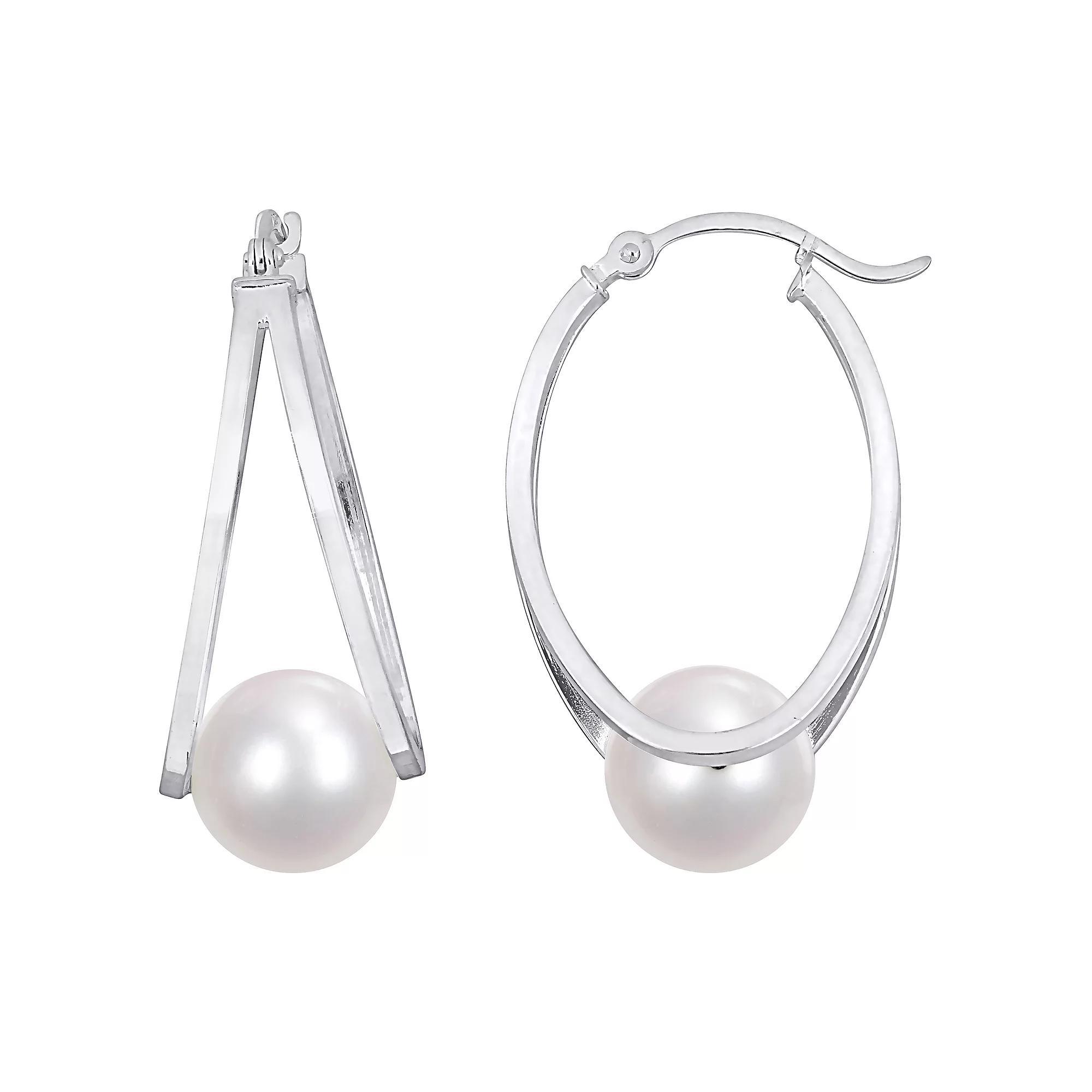 Stella Grace Sterling Silver Freshwater Cultured Pearl Split Oval Hoop Earrings, Women's Product Image