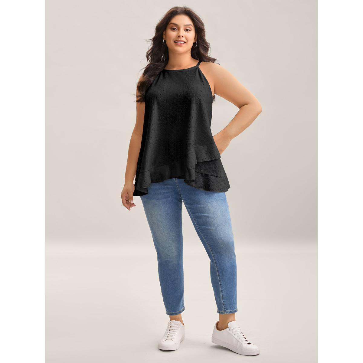 Plus Size Textured Knit Overlap Hem Tank Top Women Black Leisure Overlapping Round Neck Casual Tank Tops Camis BloomChic 26/4X Product Image