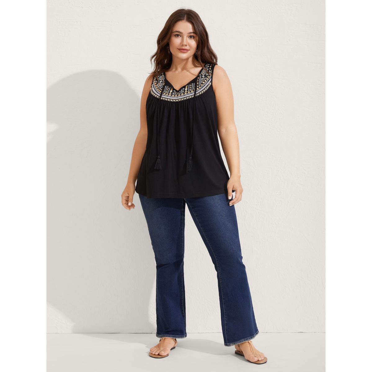 Plus Size Stretchy Boho Casual Tank Top Women Black Tie knot V-neck Vacation Tank Tops Camis BloomChic 18-20/2X Product Image