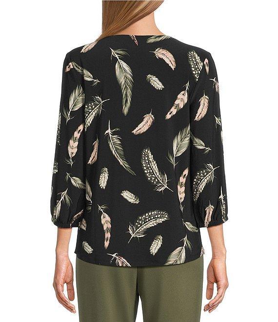 Jones New York Feather Print 3/4 Sleeve Keyhole V-Neck Top Product Image