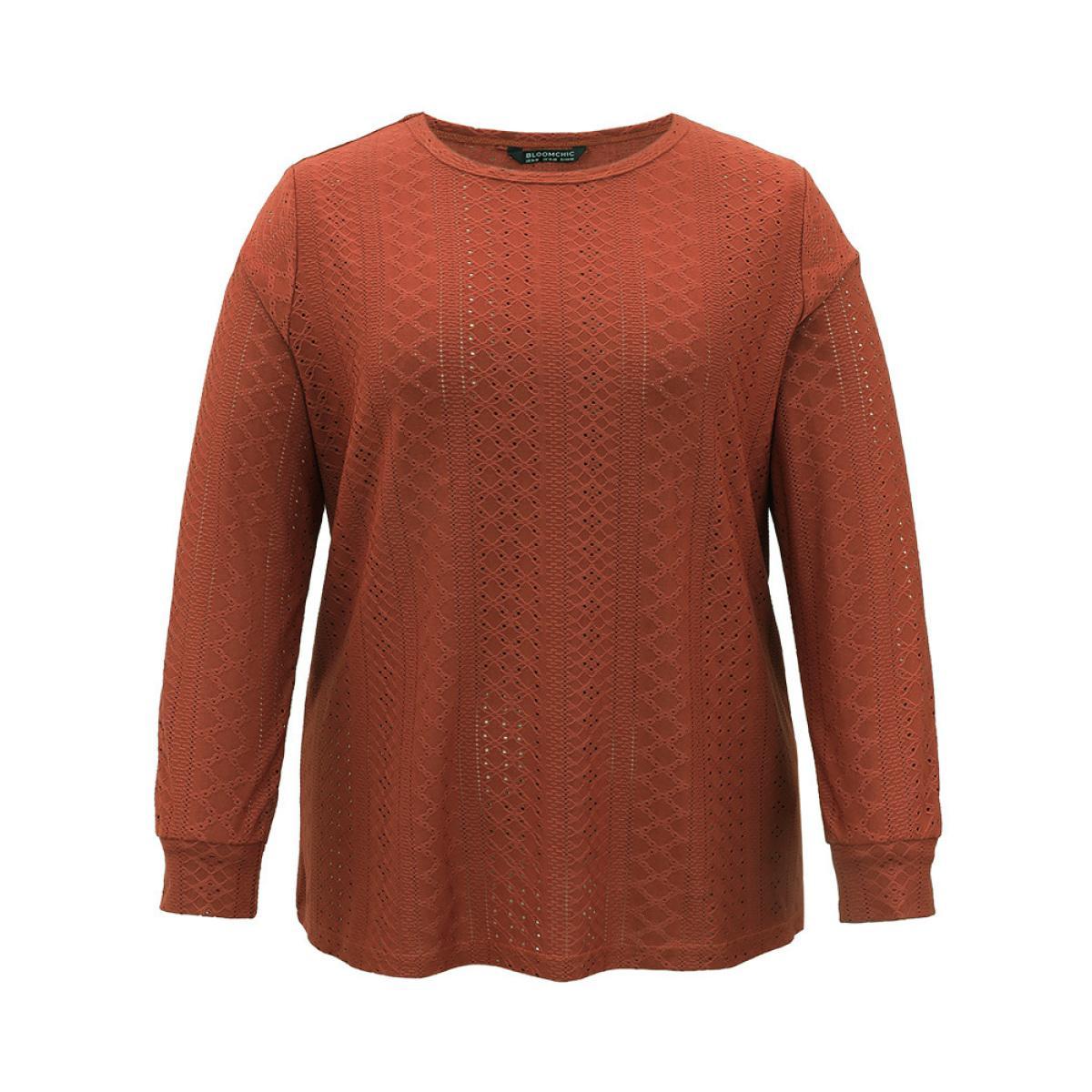Plus Size Solid Crew Neck Broderie Anglaise T-shirt OrangeRed Women Casual Texture Plain Round Neck Dailywear T-shirts BloomChic 14-16/1X Product Image