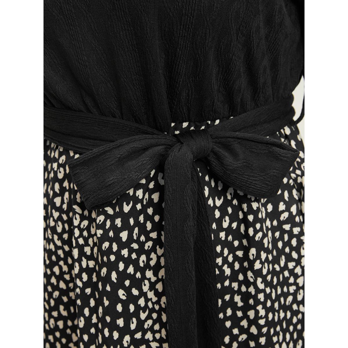 Plus Size Leopard Patchwork V Neck Pocket Belted Textured Dress Black Women Elegant Patchwork V-neck Long Sleeve Curvy Midi Dress BloomChic 14-16/1X Product Image
