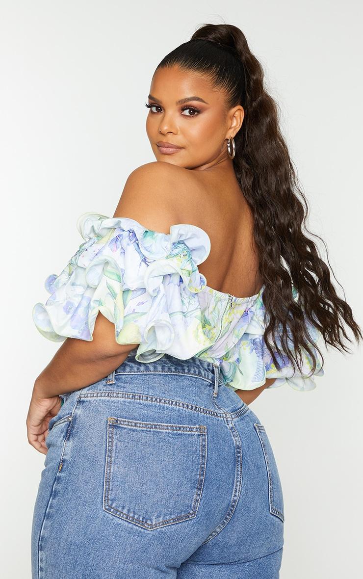 Plus White Floral Ruffle Puff Sleeve Bardot Crop Top Product Image