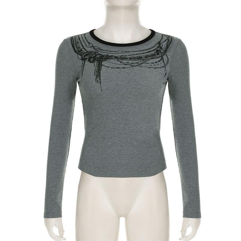 Long Sleeve Round Neck Chain Print T-Shirt Product Image