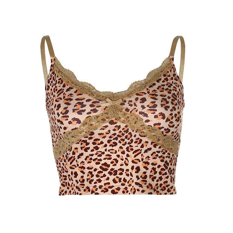 Leopard Print Lace Trim Cropped Camisole Top Product Image