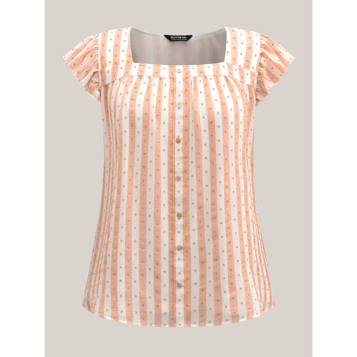 Plus Size Salmon Textured Stripe Print Flutter Sleeve Blouse Women Cap Sleeve Square Neck Everyday-Elegant Blouses BloomChic 26/4X Product Image