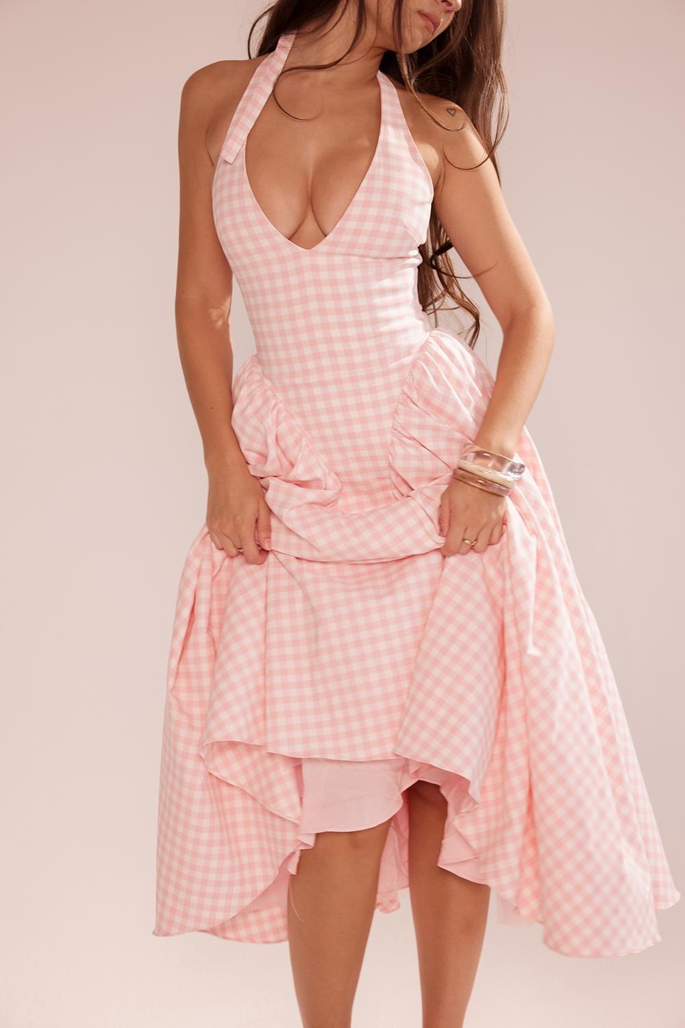 Marilyn  strawberry shortcake gingham halter midi sundress Product Image