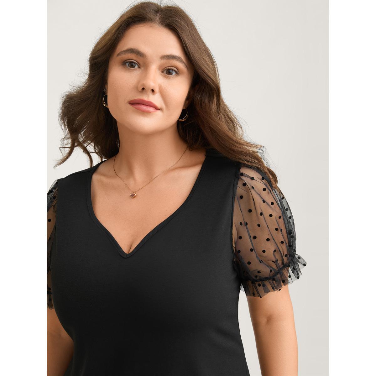 Plus Size Stretchy Sheer Textured Sleeve Solid T-Shirt Black Women Romantic See through Asymmetrical Neck Bodycon Elegant T-shirts BloomChic 28/5X Product Image