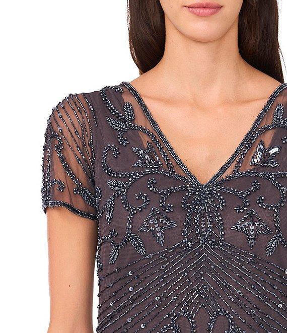 Pisarro Nights V-Neck Short Sheer Sleeve Back Slit Beaded Sheath Dress Product Image