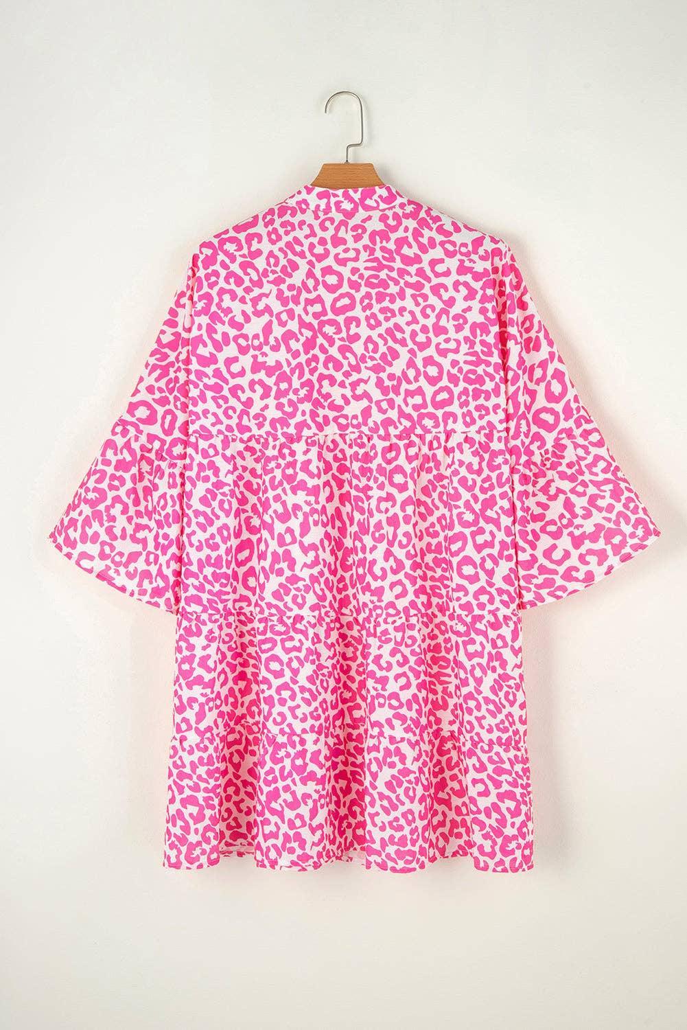 Leopard Long Sleeve Mini Dress: Bright Pink Product Image