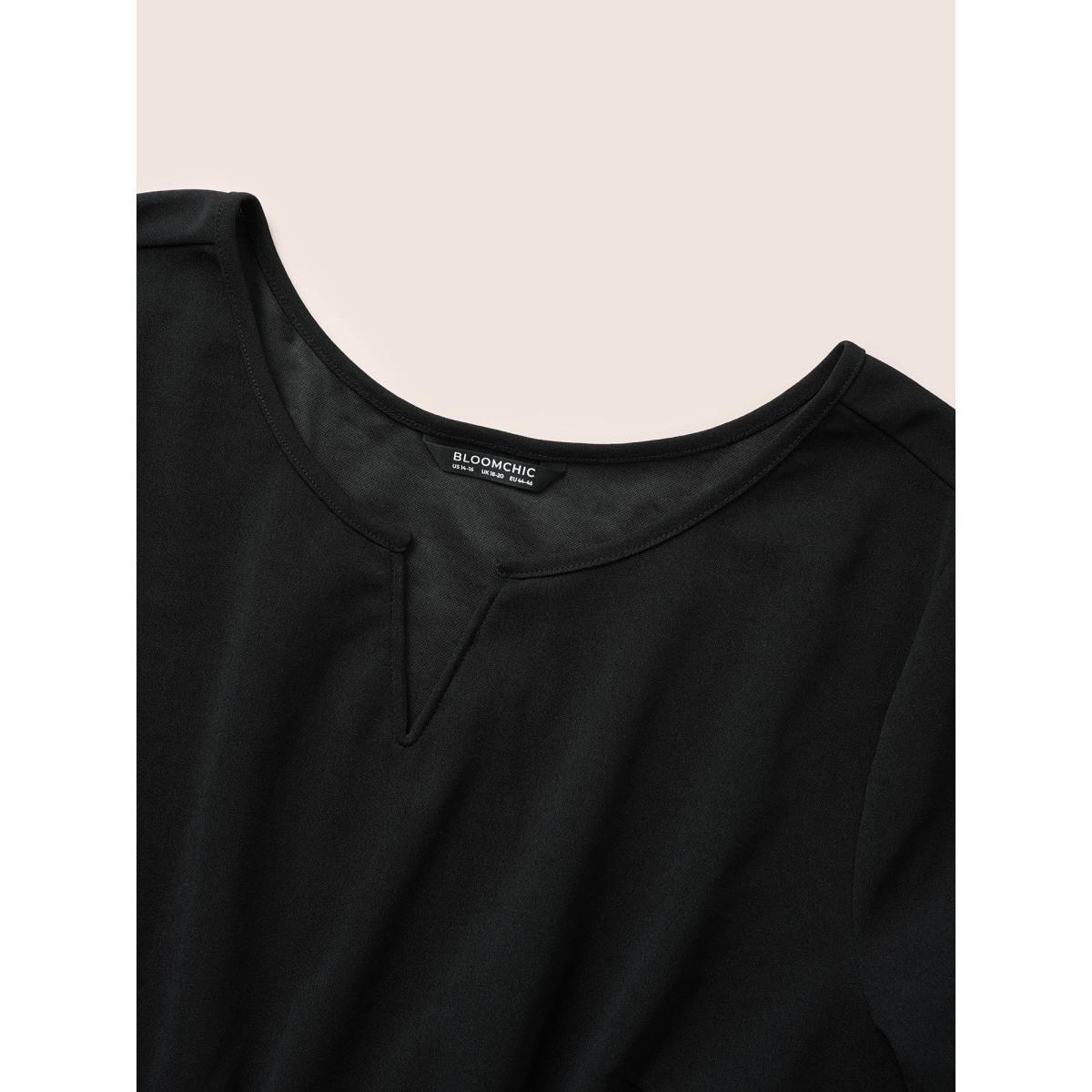 Plus Size Rhinestone Notched Pocket Curved Hem Dress Black Women Glamour Rhinestone detailing Notched collar Half Sleeve Curvy Midi Dress BloomChic 12/L Product Image