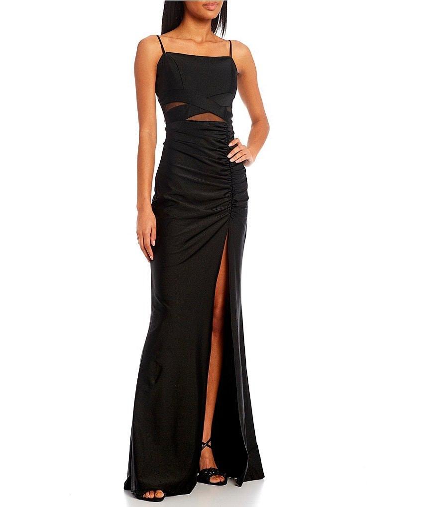 Honey and Rosie Square Neck Illusion Waist Side Slit Long Dress Product Image