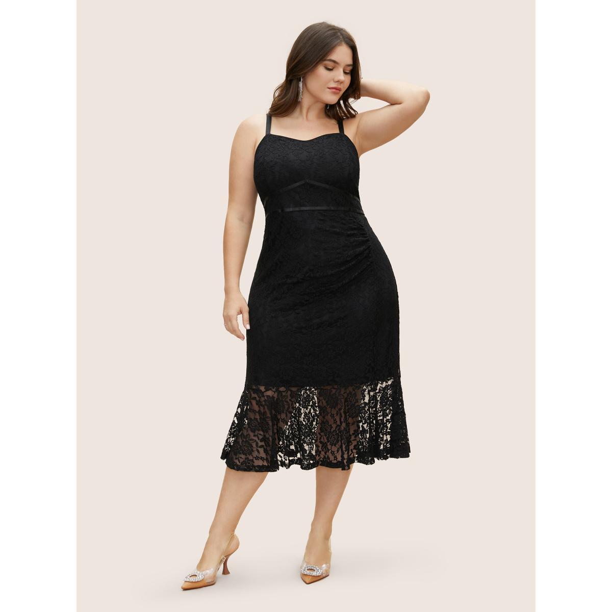 Plus Size Rose Crochet Lace Mesh Cami Dress Black Women Cocktail Non Sleeveless Curvy BloomChic 28/5X Product Image