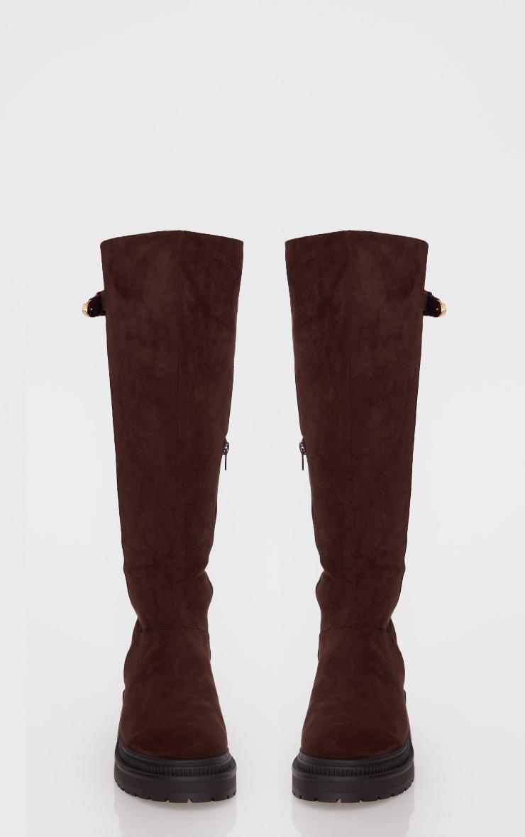 Chocolate Faux Suede Round Toe Chunky Sole Knee High Boots Product Image