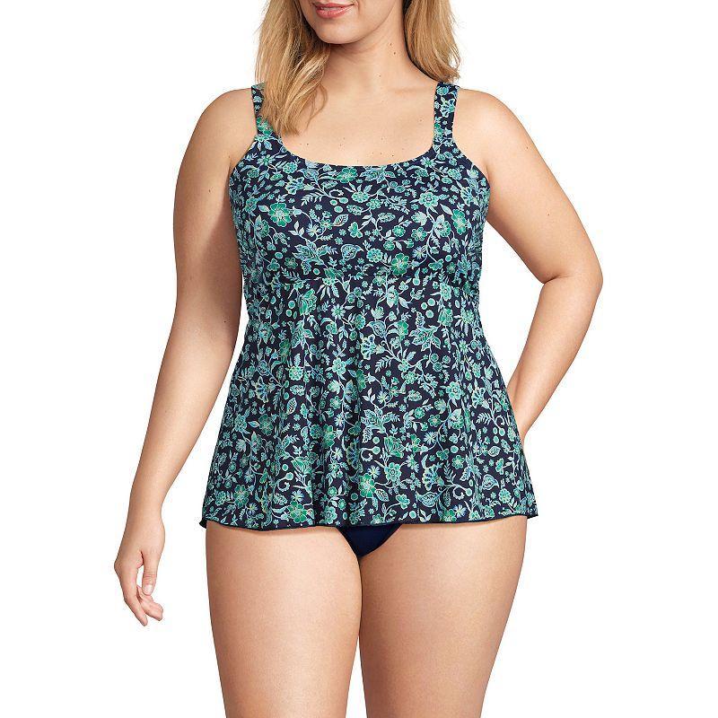 Plus Size Lands End Flutter Empire Waist Comfort Strap Tankini Swimsuit Top, Womens Navy Green Paisley Product Image