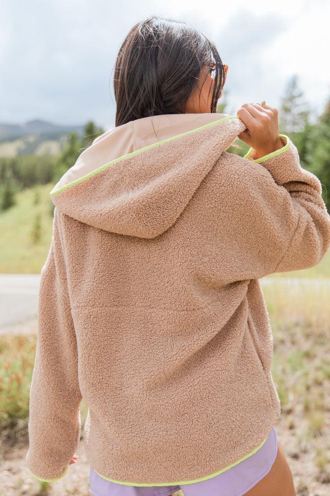 My Go To Taupe and Lime Sherpa Quarter Zip Hooded Pullover FINAL SALE Product Image