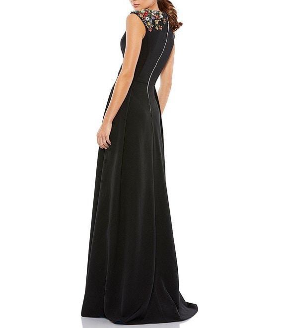 Mac Duggal Beaded Shoulder Deep V-Neck Cap Sleeve Thigh High Slit A-Line Gown Product Image