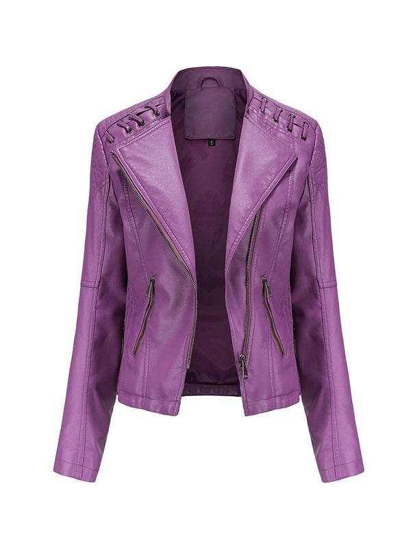 Long Sleeves Split-Joint Zipper Mock Neck PU Jackets Outerwear Product Image