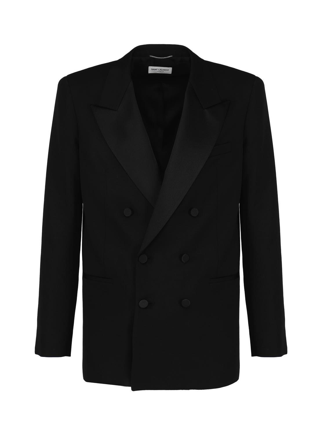 Double-breasted Grain De Poudre Tuxedo Jacket In Black Product Image