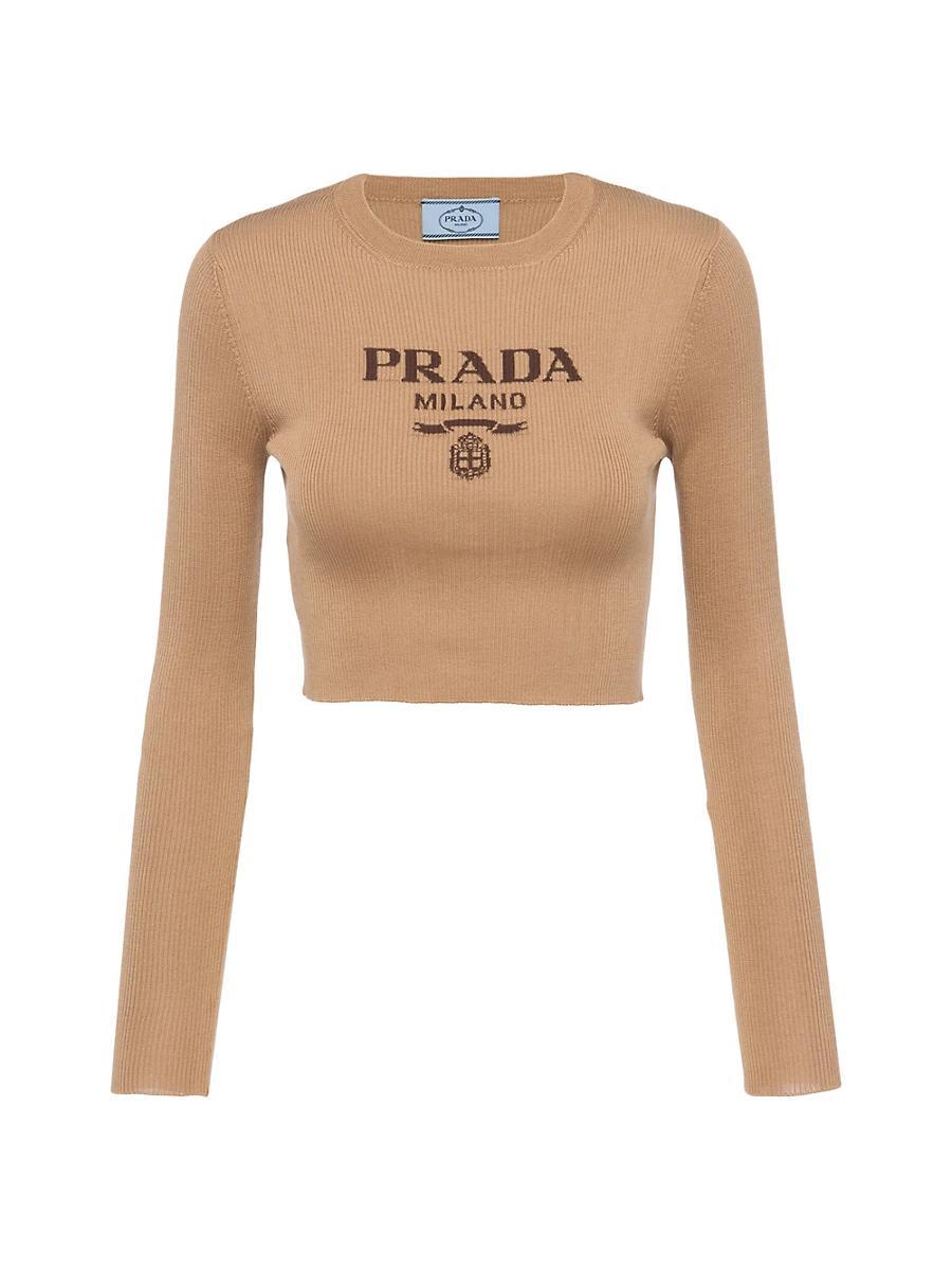Womens Cropped Silk Sweater with Logo Product Image