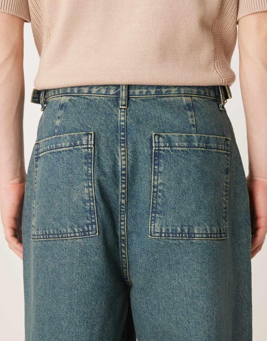 ASOS DESIGN double pleated jeans with side ties in mid wash blue Product Image