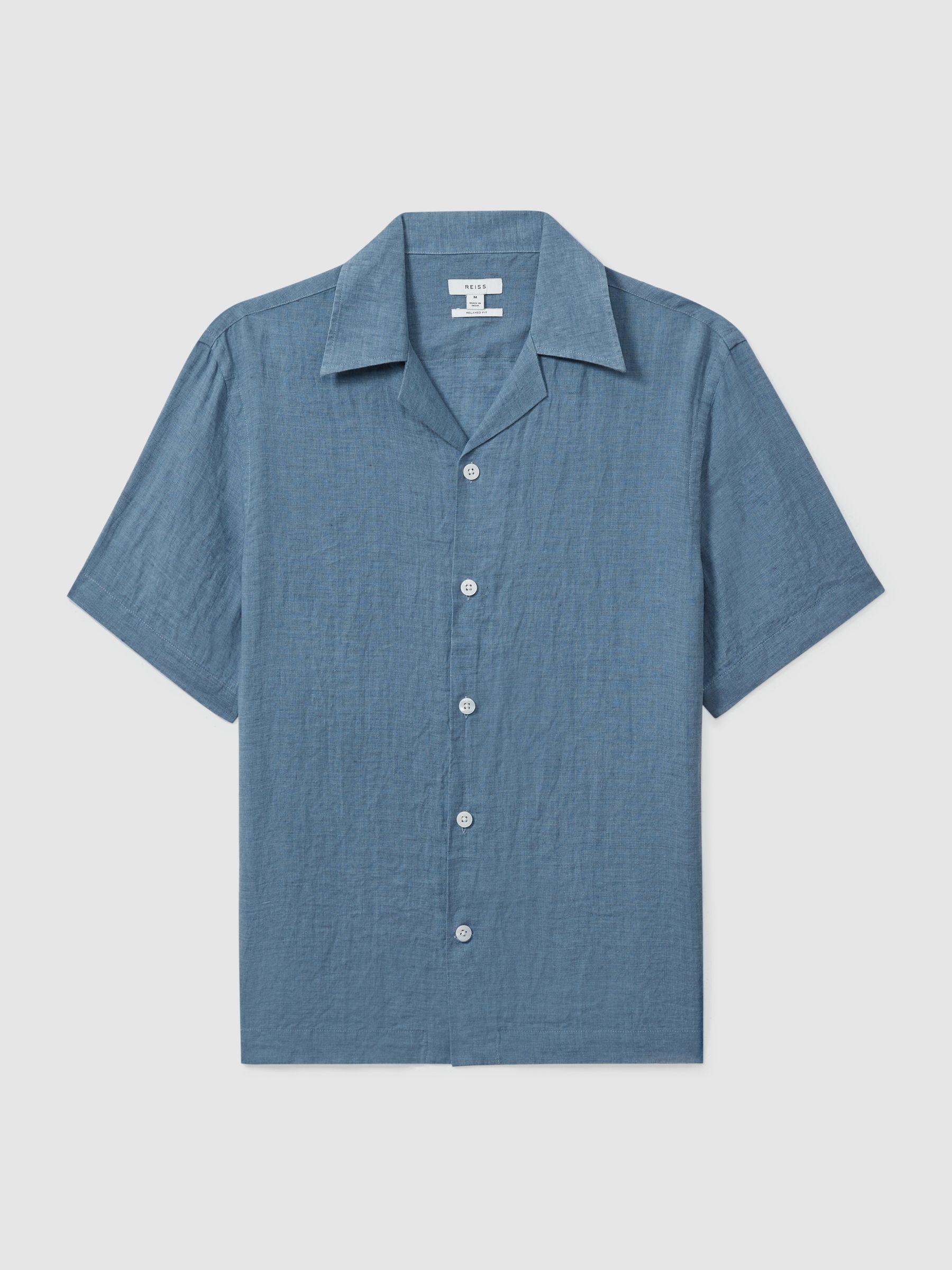 Relaxed Linen Cuban Collar Shirt in Denim Blue Product Image