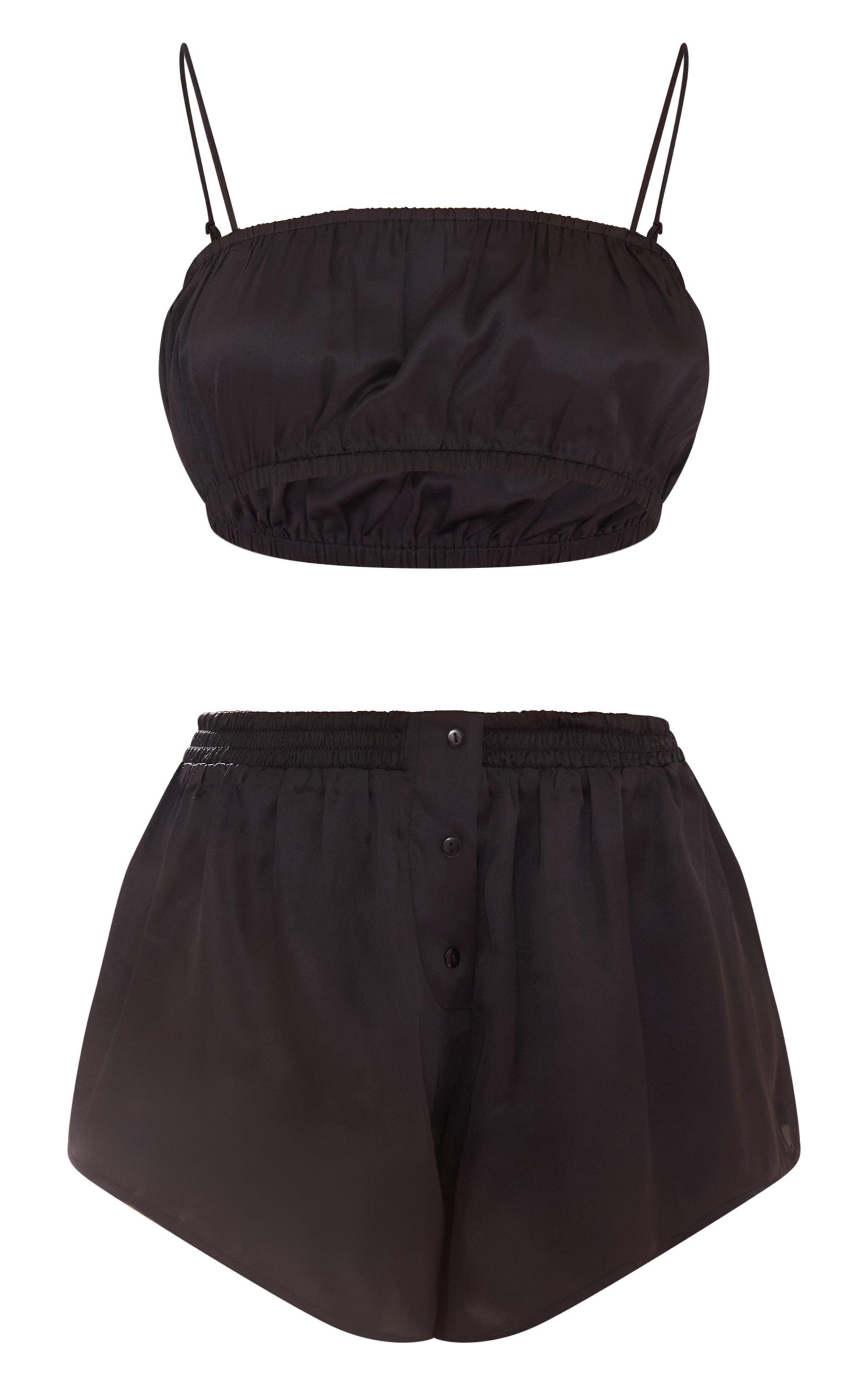 Black Satin Ruched Bralet And Short Pj Set Product Image